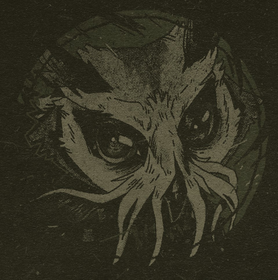 An illustration of a eldritch owl, whose beak feathers form tentical-like tendrils. Their expression is dark and mysterious.